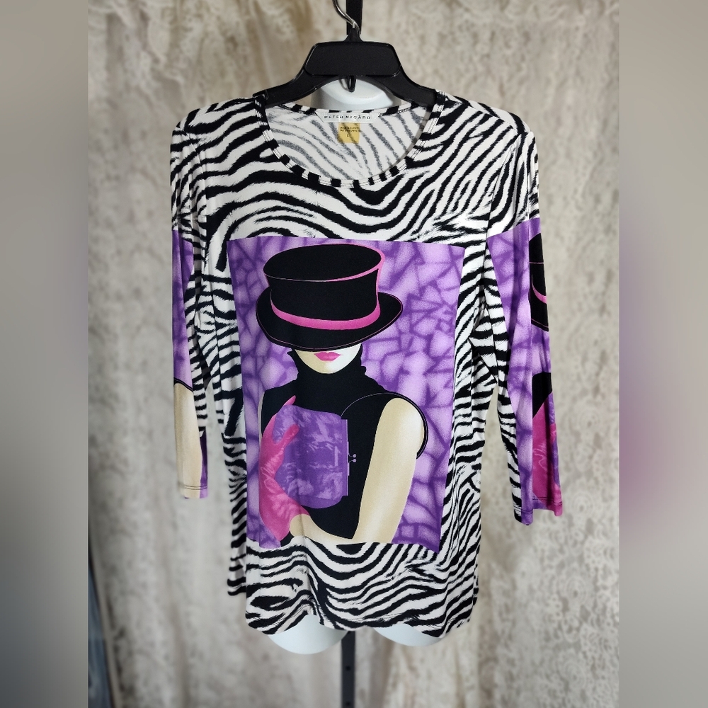 Peter Nygard Zebra Black White Print Lady Illustration Top w/ Purple Highlights